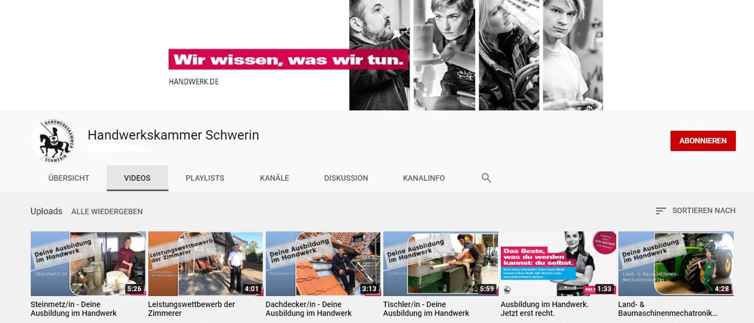 Digitale Berufsorientierung über den YouTube-Kanal der HWK Schwerin