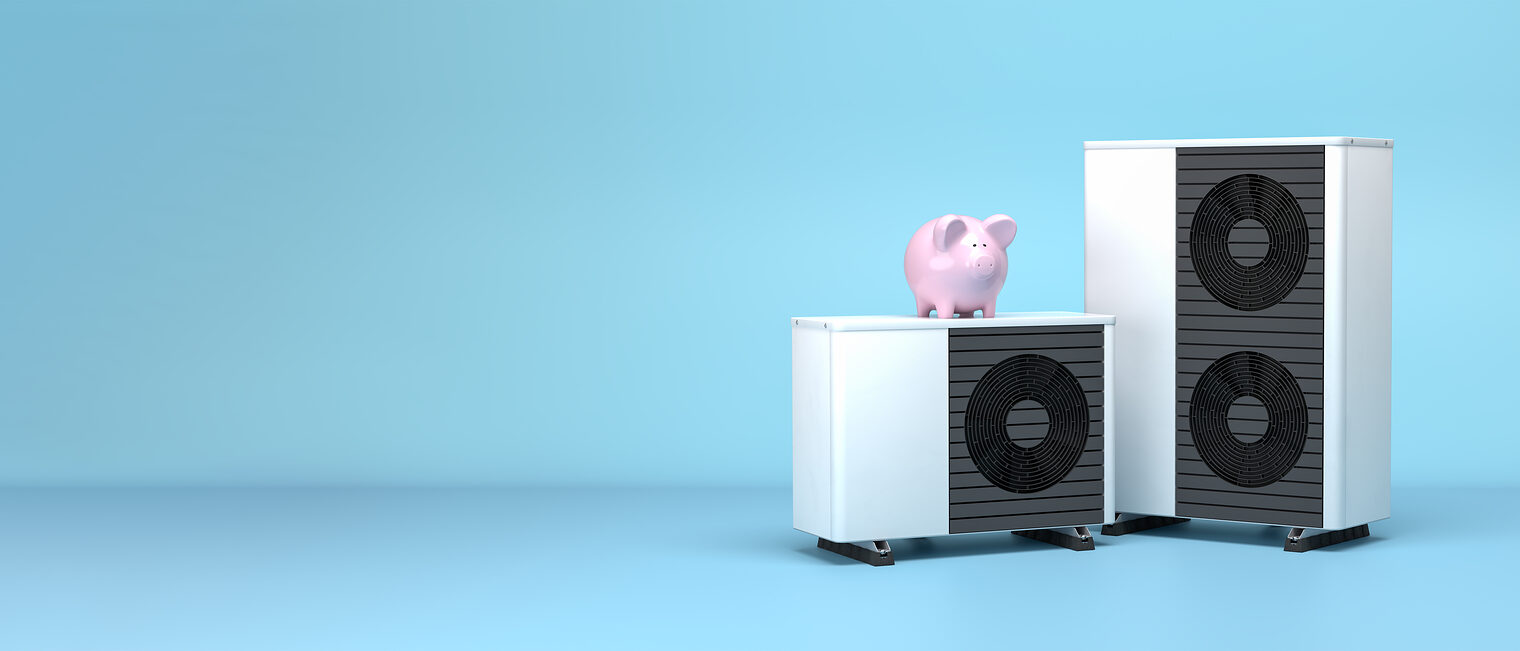 3d render of a small and large fictitious air source heat pump with a piggy bank on tip. Concept for saving energy and money by using electric air heat pumps. Web banner format. Schlagwort(e): heat pump, piggy bank, saving, air, damper, energy saving, fan, heating, energy conservation, efficiency, energy efficiency, electric, isolated, device, ecology, 3d rendering, cooling, outside, equipment, system, blue background, electrical, energy, power, object, appliance, detailweb banner