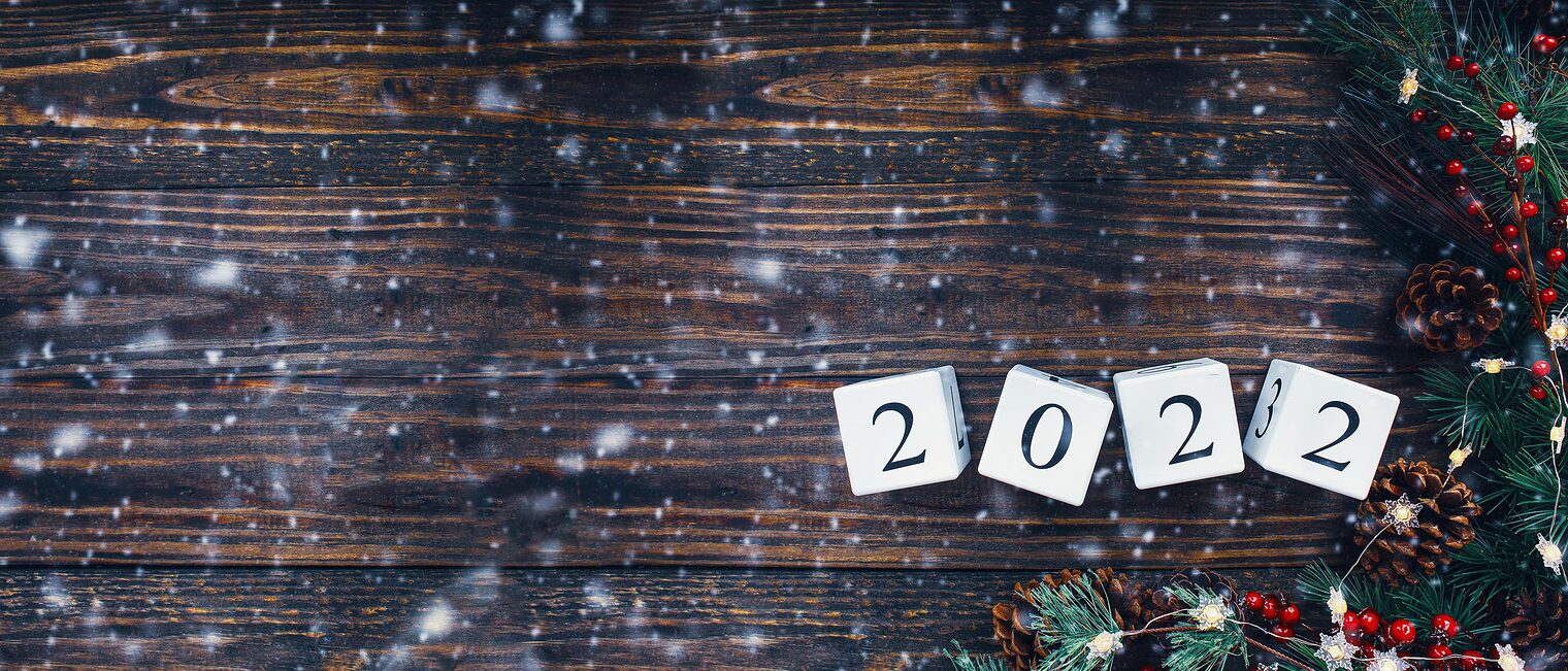 New Year's 2022 wood calendar blocks banner. Christmas tree lights, pine branches, red winter berries and snow. Top view with copy space available. Schlagwort(e): 2022, New Year, New Years Background, Banner, web banner, Happy New Year, Backgrounds, Rustic, Flatlay, Flat Lay, Overhead, Top View, Christmas tree branch, pine tree, Holiday, wood, wooden, Garland, Fairy Lights, Christmas lights, snow, snowing, Calendar, Wood Blocks, Calendar Blocks, date, cube, Empty, Vintage, Blank, Country, Rough, Celebration, frame, Table, Copy Space, Free Space for Text, Text, design, card, decor, decoration, numbers, Plank, cute, concept, No people, Red, picture, photo, Background, close up, Glow, red berries, Color image, Horizontal, photography, photograph