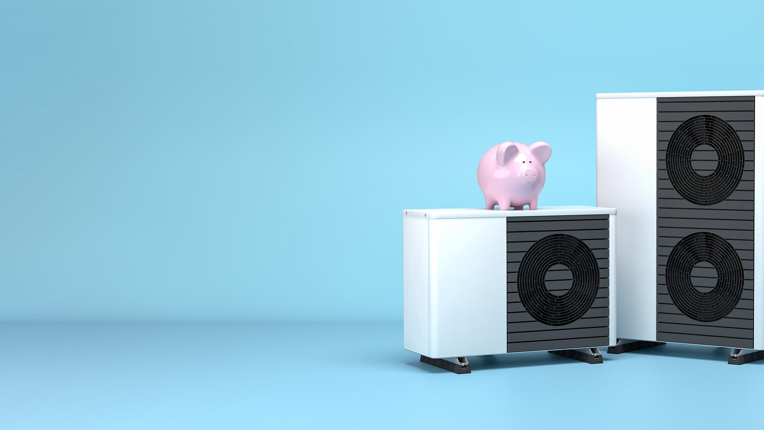 3d render of a small and large fictitious air source heat pump with a piggy bank on tip. Concept for saving energy and money by using electric air heat pumps. Web banner format. Schlagwort(e): heat pump, piggy bank, saving, air, damper, energy saving, fan, heating, energy conservation, efficiency, energy efficiency, electric, isolated, device, ecology, 3d rendering, cooling, outside, equipment, system, blue background, electrical, energy, power, object, appliance, detailweb banner