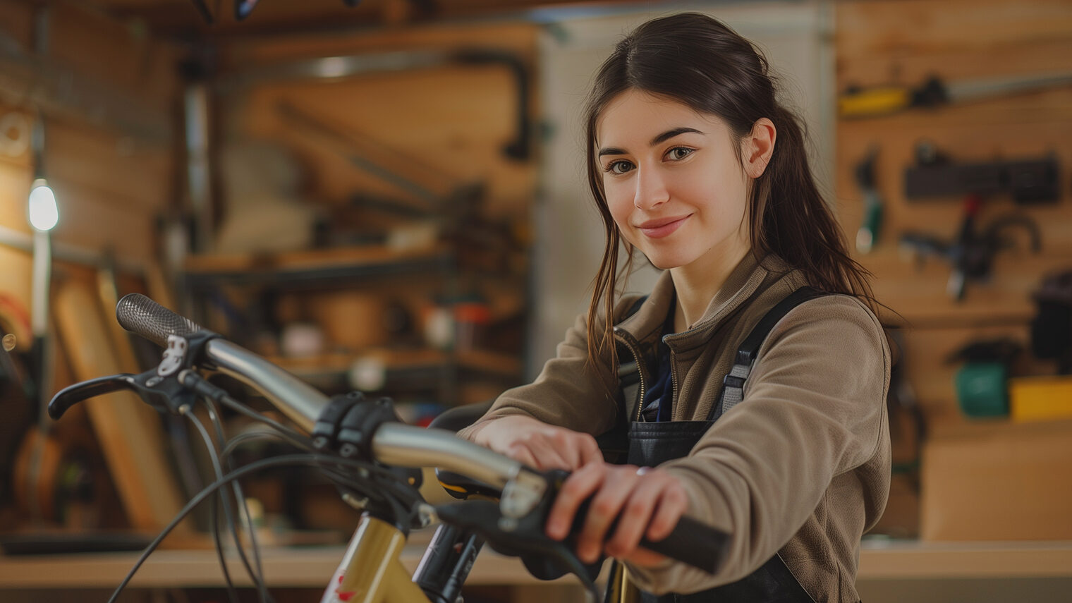 Title Schlagwort(e): fahrrad, reparatur, fahrradmonteurin, fahrradmechanikerin, fahrradwerkstatt, frau, zweiradmechaniker, reparaturwerkstatt, werkstatt, reparieren, flicken, schrauben, selbst, profi, hilfe, ferienjob, praktikum, praktikumsplatz, praktikantin, praktikant, handwerk, handwerkerin, garage, kaputtes fahrrad, rad, zweirad, beruf, job, ausbildungsberuf, 16, 20, 25, jung, brünett, locker, student, studentenjob, lächeln, freundlich, hübsch, banner, azubi, ausbildung, wartung, auszubildende, lehrling, lehre